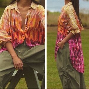 Anthropologie Boho Daria Tie Dye Button Down Tunic Top in Rose Size Large